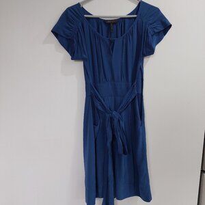 BCBGMAXAZRIA Blue Silk 100% Smocked Tie-Waist Dress - Flutter Sleeve, Size 6